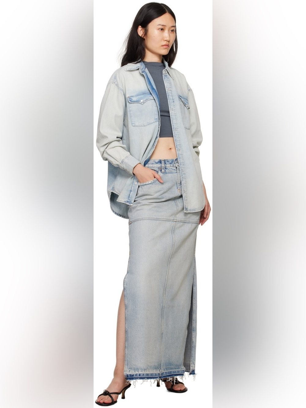 NWT RE/DONE Side-Slit Distressed Denim Maxi Skirt sz 27